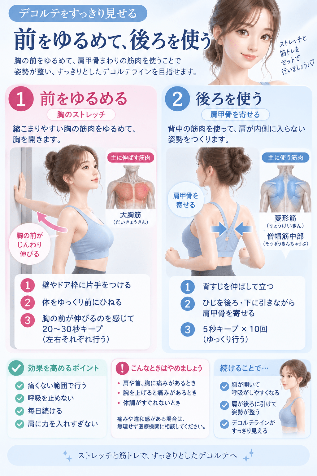 胸を開くストレッチ（前をゆるめる）と肩甲骨を寄せる動き（後ろを使う）の動作イラスト