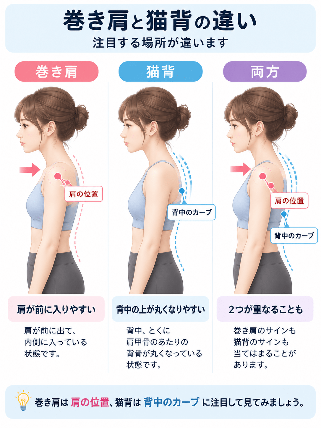 巻き肩・猫背・両方の姿勢を横から見て比べたイラスト。巻き肩は肩が前に入り、猫背は背中の上のほうが丸くなること、両方が重なることもあると分かる図。